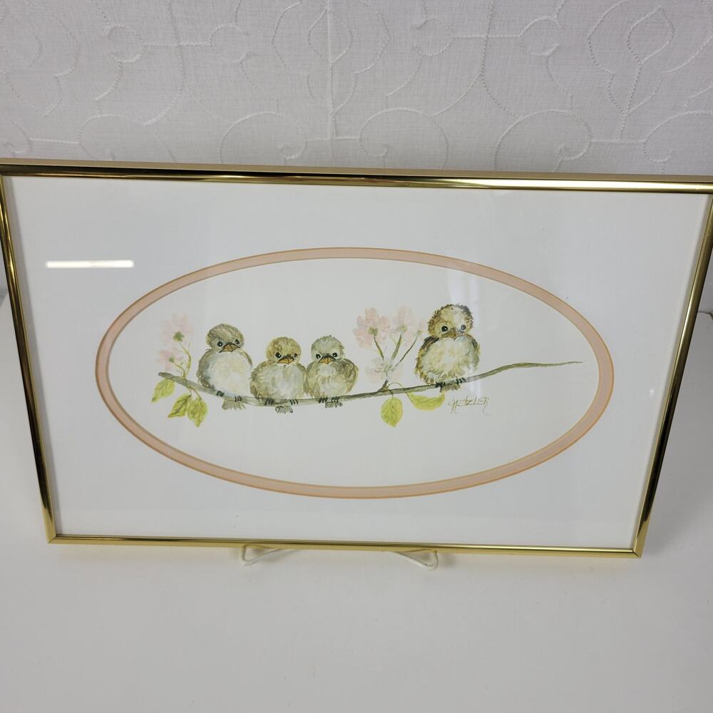J. Metzler Watercolor Painting Birds on Roses Branch Nursery Framed Wall Art